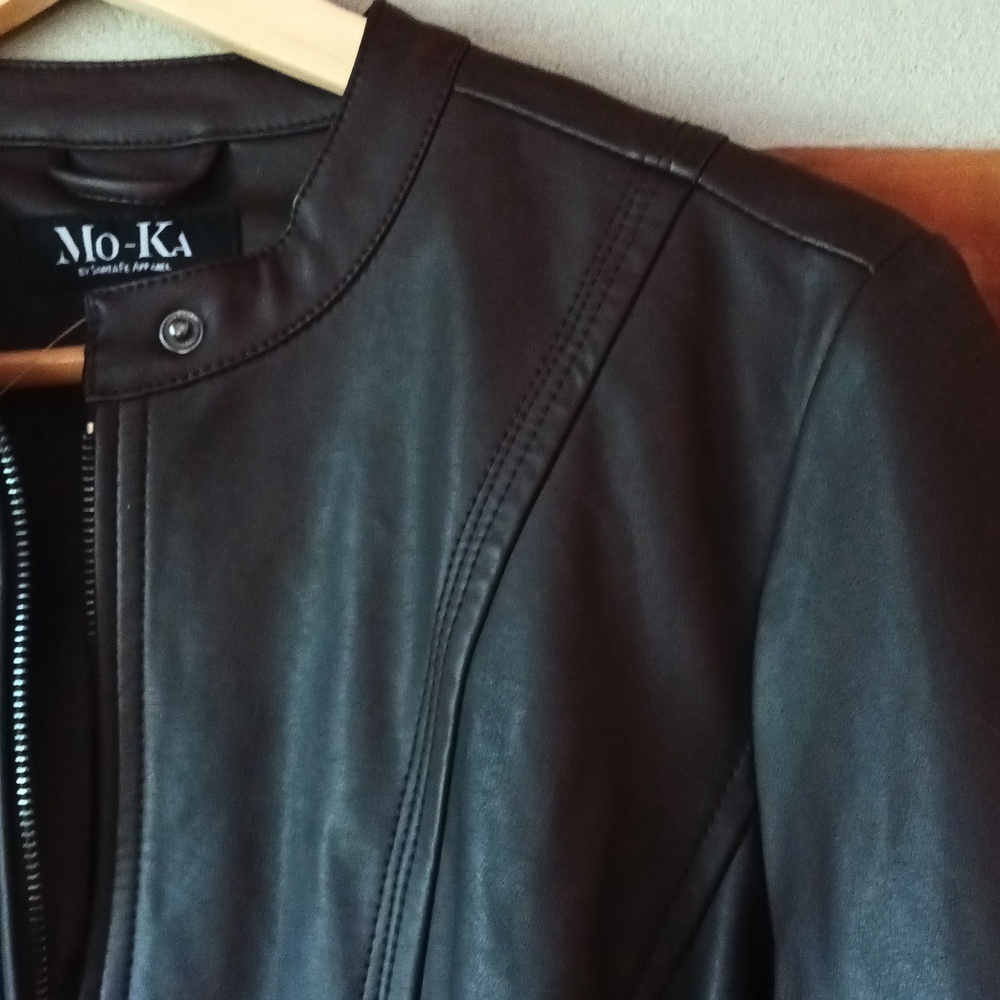 NEW Mo-Ka Faux Leather Jacket Lined Zip Pockets Chocolate Burgundy Plum Small - Picture 7 of 16
